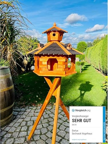 DARLUX Handgefertigtes XXL-Sechseck- Vogelhaus aus Holz mit Ständer | lasiert, Outdoor, Garten, Balkon, Futterhaus, Futterhäuschen (Größe XXL mit Ständer, Schwarz - Braun)