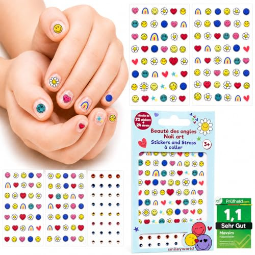 [ Test SEHR GUT, Note 1.1 *] Smiley Nagelsticker Kinder – Selbstklebend Nagelaufkleber für Mädchen – 72 Sticker + 24 Strass – Nagellack Kinder Nail Art Deko – Ungiftig & Leicht zu Entfernen