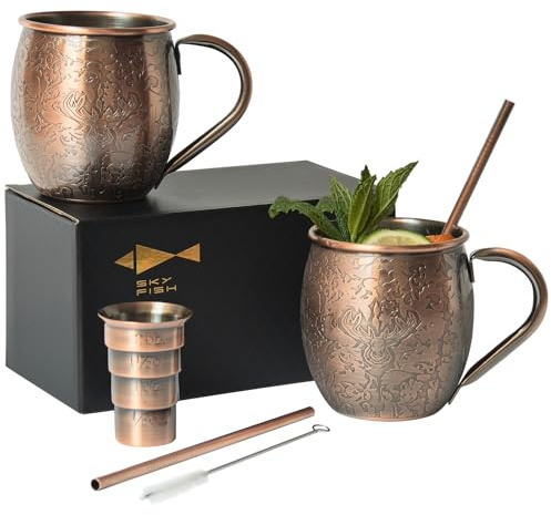 Sky Fish 3D Etched Moscow Mule Copper Mugs Set of 2 Stainless Steel Copper Mugs 18 oz Premium Gift Set with 2 Cocktail Copper Straws, Jigger