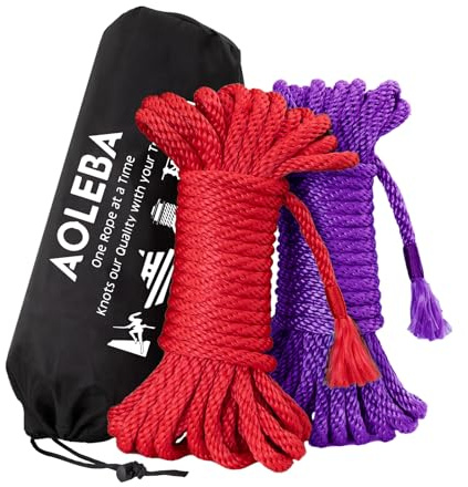 AOLEBA 8mm Soft Silk Rope Kit for Practice Beginners and Experienced Riggers, Braided Polypropylene Japanese Rope for Simple and Complex Knots, 2 Sets 32 Ft with Dust Bag (Purple and Red)