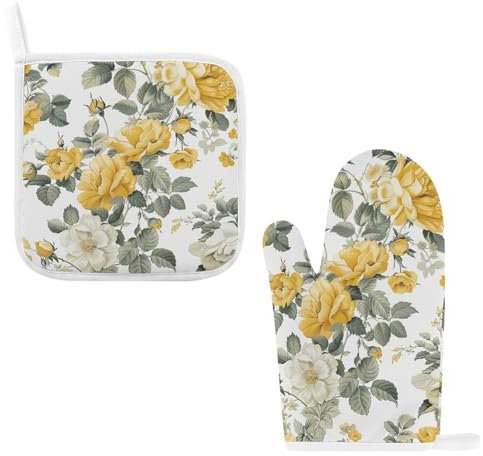 Ofenhandschuhe und Topflappen mit gelben und weißen Blumen, 2er-Set, hitzebeständige, rutschfeste Ofenhandschuhe und heiße Pads, wasserdichte Kochhandschuhe für Küche, Backen, Grillen, BBQ
