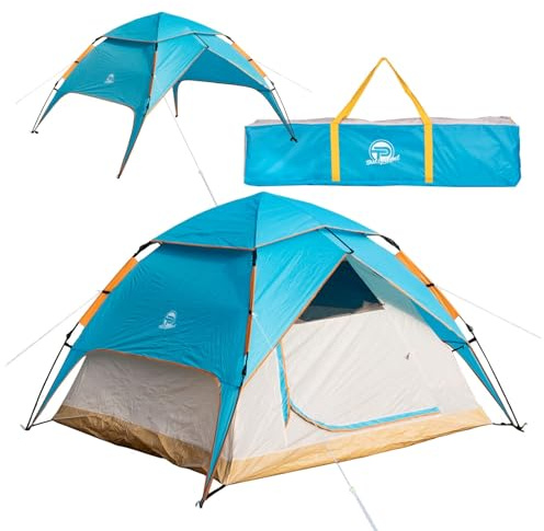 Automatik- Campingzelt Pop-Up Zelt 3-4 Personen 2 in 1 Campingzelt und Pavillon/Sonnenschutz – doppelwandig, wasserdicht, Winddicht, Fluoreszierende Abspannleine, verstärkte Heringe inkl. Tragetasche