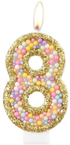 Velas de Cumpleaños de Macarrón del 8º Cumpleaños, Vela Dorada Número 8 para Tarta, Velas de Perlas de Color, Decoraciones de Cumpleaños Temáticas de Macarrón, Vela de Cumpleaños con Chispas