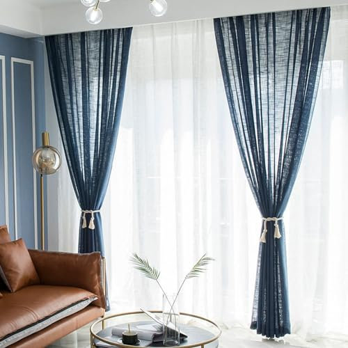 KnSam 2er Set Dunkel Blau Transparente Vorhang, Halbtransparent Tüllvorhänge Linie Texture, Polyester Ösen Vorhänge Fenstergardinen Modern für Wohnzimmer, Jeder B 137 x H 229cm