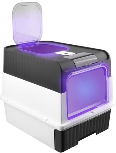 Bandeja de Arena,desinfección Ultravioleta, CerradaArenero Gatos Cubierto Grande, Caja de Arena con Bandeja Extraíble de Masajeador Filtro,Antiescapes, Carga de 15 kg-48 * 35 * 36cm-Negro