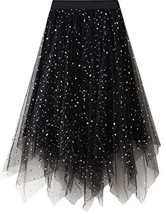HzDazrl Falda de tul acampanada para mujer, cintura alta, volantes irregulares, a la moda, falda larga de malla para fiesta, lentejuelas negras, Talla única