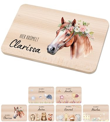Bärenfreunde - Individuelles Holzbrett mit hochwertigem Spezial-Druck für Kinder - Personalisiertes Frühstücksbrettchen - Niedliche Motiv-Brettchen mit Namen (Pferdekopf Blumen)