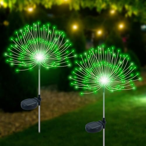 Slyuexu Solar Garden Lights Outdoor Waterproof, 2 Pack 120 LED | Solar Firework Lights Decorative Garden Décor Outside for Flowerbed Pathway Party Halloween Christmas Decoration, Green