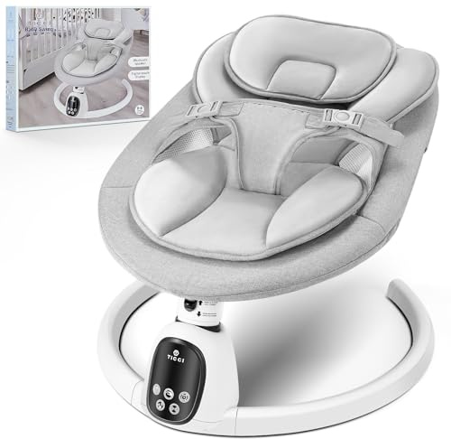 T TICCI Baby Swings for Infants, 5 Speed Bluetooth Baby Bouncer, Motorized Bluetooth Swing, Built-in 3 Timer Settings, Music Speaker, Remote Control, 0-6 Months, Grey