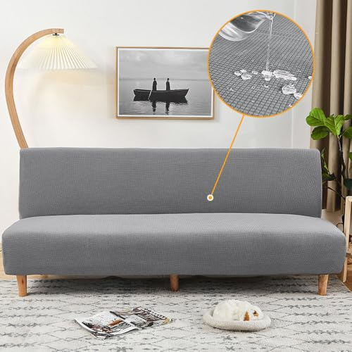 Hixingo Sofa Überzug Ohne Armlehnen, Anti-Rutsch Armloser Sofabezug Wasserfest Einfarbig Couch Überzug, Elastischer Spandex Sofabettbezug (Hellgrau,L-190-210cm)