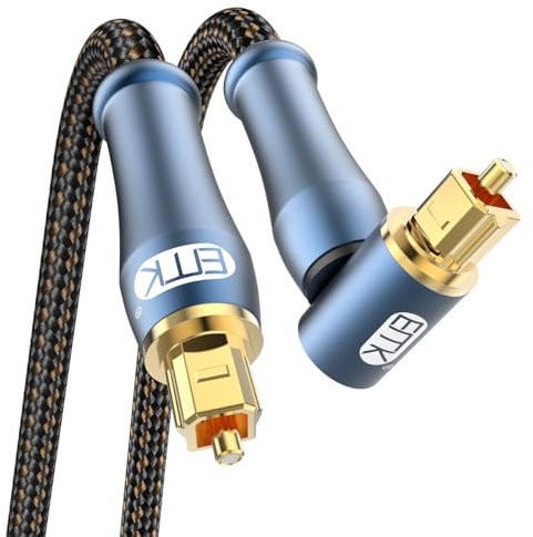 EMK Cavo audio ottico Toslink rettangolare (spina dorata 24 K, fibra ottica 90 gradi, SPDIF a TOSLINK, rotazione 360 gradi), cavo ottico digitale per DVD, altoparlanti, soundbar, TV (2 metri)