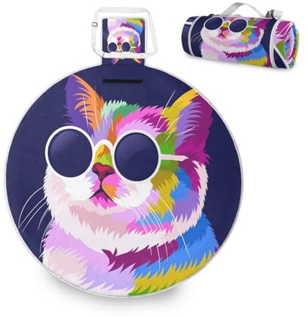 Mnsruu Große Picknickdecke, bunte Katze, Kunst-Stil, wasserdicht, rund, Picknickmatte, tragbarer Teppich, Outdoor, für Strand, Camping, Park, Reisen, 148 cm