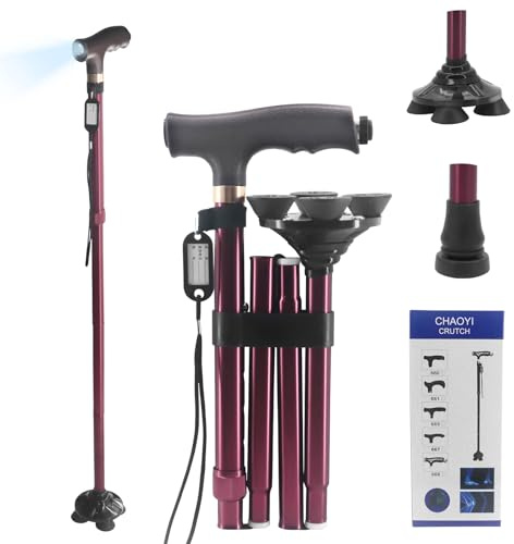 Beowanzk Promenadstav, promenadkäppar för män och kvinnor, justerbar, vikbar, halkfri, halkfritt massagehandtag, promenadstavar för äldre och vuxna med ficklampsbelysning (vinröd)