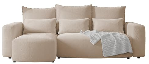 4ALL HOME Ecksofa mit Schlaffunktion Travis 248x148 cm, Couch, Sofa mit Bettkasten, Eckcouch, L-Form, Schlaffsofa, Universal (Cord Onega 15 Blassrosa)