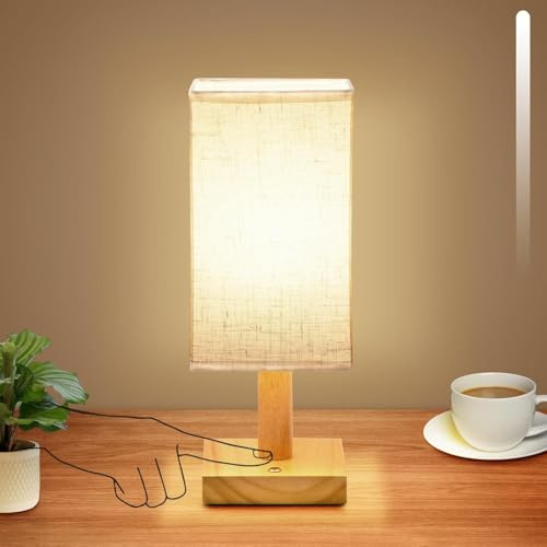 Touch Control Table Lamp, Rechargeable Wireless Bedside Lamps with Natural Wood Base & Stepless Dimming, Small Nightstand Lamp for Bedroom Living Room Nursery Office, Warm White, E26 LED Bulb Included