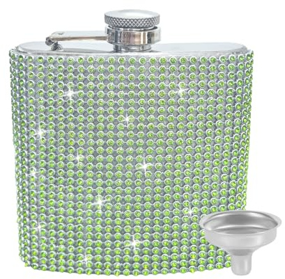 INSTOME 6oz Diamond Hip Flask for Women,Rhinestone Hip Flask Leakproof with Funnel,Leakproof Flask for Wine Whiskey Liquor Drinking (green, 6oz)