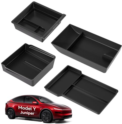 4 Pcs Tesla Model Y 2025-2026 Juniper Mittelkonsole Organizer [Unterteilte Ablage Doppellagig] Smooth Slide Technology Aufbewahrungsbox Armlehnenablage Zubehör für Model Y Juniper (Schwarz)
