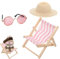 3 Stück Puppe Zubehör, Have a Seat, Puppe Kleidung, Rosa Gestreiftem Liegestuhl, Puppe Autositz, Beiger Strohhut und Pinker Brille, für Puppe Fans, Ideal Als Auto Deko und Geburtstagsgeschenk
