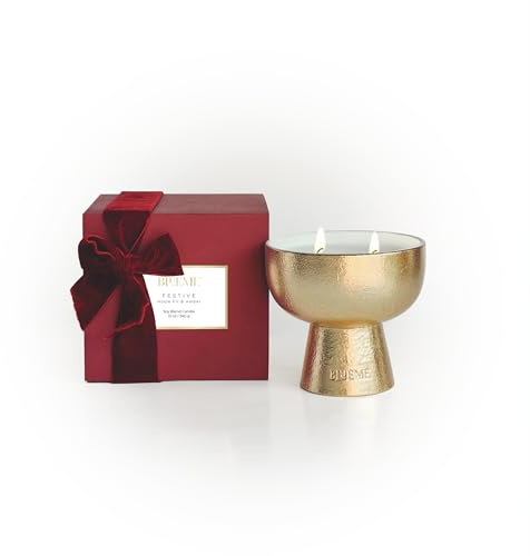 2025 Gold Holiday Candle | Festive - Noble Fir & Amber (Medium), Refillable Wellness, Essential Oil, Sustainable, Hand Finished and Poured, Premium, Luxury Ceramic, Natural Cotton Wick, Soy-Wax Blend