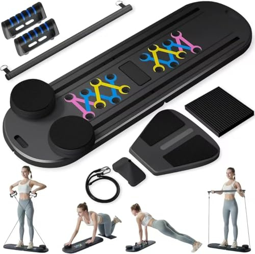 Pilates Reformer Maschine, 6-in-1 Faltbare Heim-Fitnessgeräte mit Bauchbrett, Ellenbogenstütze, Widerstandsbänder für Ganzkörpertraining