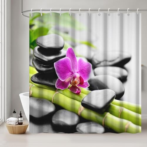 Uiiooazy Duschvorhang 180x200cm Anti Schimmel Grün Bambus Spa Schwarz Stein | Duschvorhang Zen Lila Violett Orchidee Wasserdicht Stoff Polyester Waschbar Bad Vorhang mit 12 Haken für Badezimmer