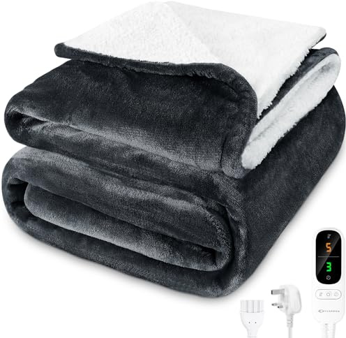 MYCARBON Heated Blanket Double 160 * 180cm, Soft Flannel Sherpa Electric Heating Throw Blanket Fleece Overblanket with 9h Timer, 6 Heat Settings, Machine Washable, Overheat Protection(Grey)