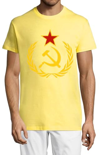 T-shirt à col rond en coton pour homme Motif marteau et faucille de l'Union soviétique Jaune, jaune, M