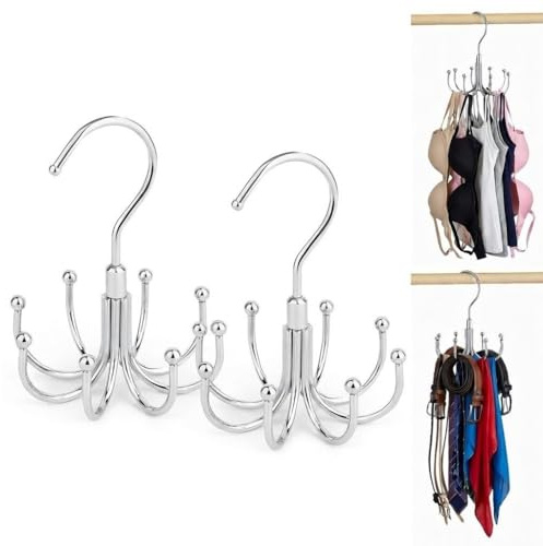 Rotatable Belt Hanger & Closet Organizer, 2 Pack - 48 Storage Capacity, 360° Swivel Hooks, Heavy-Duty Metal Holder for Bras, Tops, Ties, Scarves