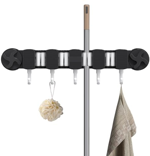Mop Holder Wall Mount | Heavy Duty Suction Broom Storage | Garden Tool Storage Stand Home Organization for Gloves Shovel Kitchen Towel Rag Brush Laundry Room Commercial