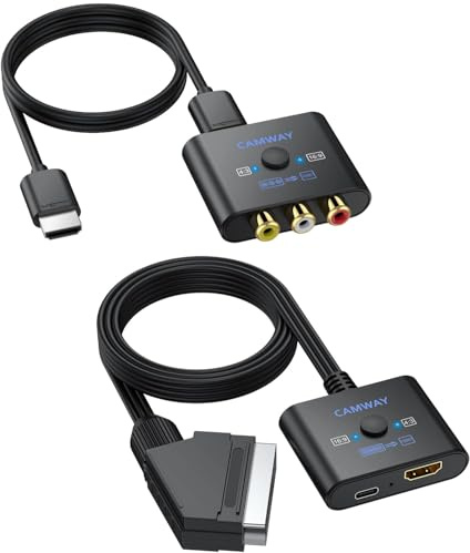 CAMWAY Adaptador RCA a HDMI con Switch 16:9/4:3 1080P con Cable HDMI 50CM+Convertidor Scart a HDMI con Switch 16:9/4:3 1080P con Cable de 150CM