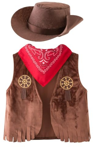 Générique Deguisement Cowboy Enfant Costume de Shérif pour Enfant avec Chapeau de Cowboy Gilet Foulard et Accessoires de Cowgirl Cosplay Costume de Carnaval pour Garçon et Fille