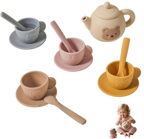 Syglawnd Service à thé pour Les Tout-Petits, Services à thé pour Les Tout-Petits de 3 5 Ans, Service de fête éducatif avec théière en Silicone, Tasses, sous-Verres avec cuillère pour Filles et GA