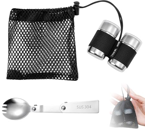 5Pcs Travel Salt and Pepper Set, Mini Stainless Steel Spice Shakers with Leakproof Seal & Transparent Lid, Portable Camping Kitchen Set for Outdoor, BBQ, Picnic & Hiking (Includes 2 Bottles, Spoon, Bo