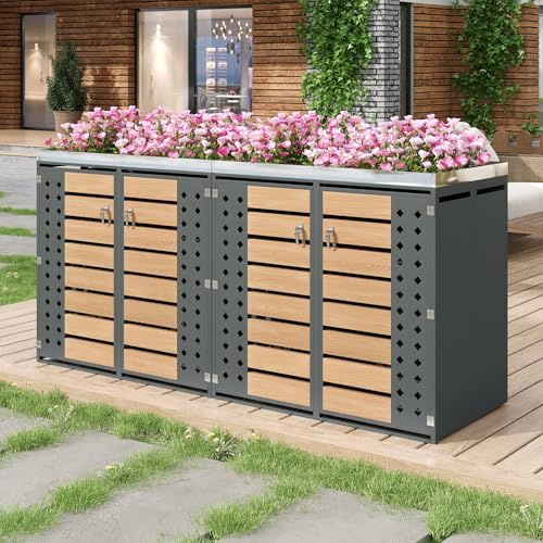 Merax Mülltonnenbox 4 Türen, mit integriertem Pflanzgefäß, abschließbare Mülltonnenverkleidung für 4 Tonnen,verzinkter Stahl, wetterfest & rostfrei, Grau