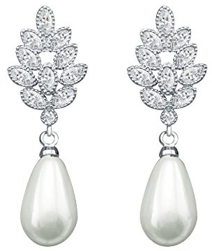 Quke Ohrstecker für Damen und Mädchen, Tropfenohrstecker mit Simulierter Perle und Markisenschliff Zirkon Blatt, Ideal für Hochzeiten und Braut, Ohrringe für Ohrlöcher