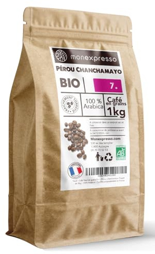 Café grain 1kg - 100% Arabica - Pérou Chanchamayo - Intensité 7 - Torréfié Artisanalement en France - 100% biologique - Monexpresso