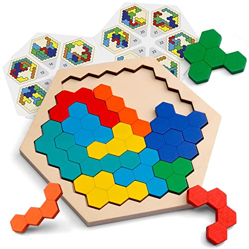 Coogam Hölzernes Sechseck-Puzzle - Form Block Tangram Denkaufgabe Spielzeug Geometrie Logik IQ Spiel STEM Montessori Pädagogisches Geschenk für alle Altersgruppen Herausforderung