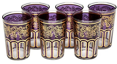 Verres à Thé Marocain Violet Or Peints et Décorés à la Main Design Classique Lot de 6 Verres