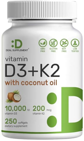 DEAL SUPPLEMENT Vitamin D3 10,000 IU + K2 MK7 200mcg Softgels, 250 Count | 2-in-1 Complex with Virgin Coconut Oil | Easy to Swallow