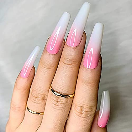 Brishow French Nägel zum Aufkleben Rosa Lange Künstliche Nägel Gradient Press on Nails Ballerina Acryl Falsche Nägel 24 Stück für Frauen und Mädchen (d)