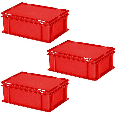 BRB 3x Eurobehälter mit Deckel, LxBxH 400x300x180 mm, Inhalt 16 Liter, Gewicht 1,60 kg, rot