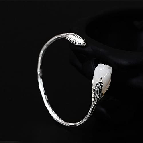 LIUYUYOUGO Damen Armband,925 Silber Armreif Vintage Magnolia Blumen Zweige Geschnitzte Ethnische Kreative Armreif Verstellbares Offenes Amulett Armband Für Männer Frauen Ewigkeit Schmuck