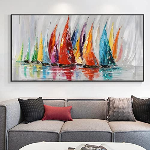 Rumlly Abstraktes buntes Segelboot-Ölgemälde auf Leinwand, Gemälde, Poster und Druck, Wandkunst für Wohnzimmer, 60 x 120 cm, rahmenlos
