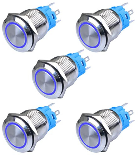 5pcs【19mm】Metal Push Button Switch 12V/24V Waterproof Self-Locking Switch On-Off (Blue LED)