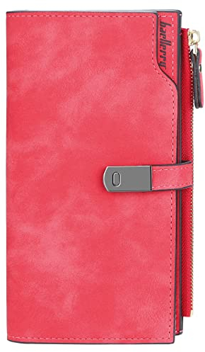 HMOOM Geldbeutel Damen Groß Kapazität mit RFID Schutz – Elegante Geldbörse aus Weichem PU Leder, 24 Kartenfächer & Reißverschlussfach | Schlanker Portmonee für Frauen Lang (Rot-L)