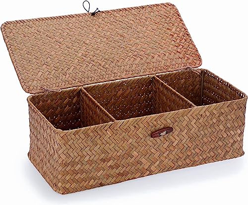 Seegras Aufbewahrung Korb mit Deckel, Aufbewahrungskorb aus Geflochtenem Rattan, Rechteckige Weidenkorb Aufbewahrungsbox für Badezimmer, Wohnzimmer, Küche, 32 x 12 x 10cm