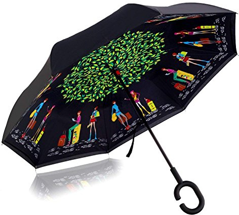 CICILIAYA Ombrello Invertito Pieghevole a Doppio Strato, Auto-Stand Rovesciato Protezione Pioggia Auto Ombrello Inverso con Manico a Forma di C Verde 1