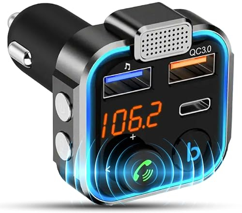 Transmisor FM Bluetooth Coche, Manos Libres, Cargador USB C Carga Rápida, Adaptador Mechero, Receptor Bluetooth
