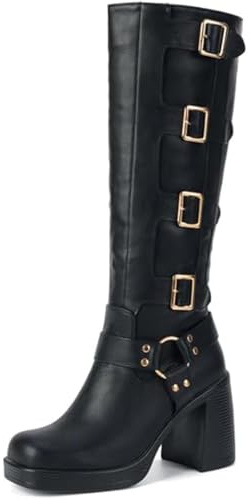 Seborluys Black Knee High Buckle Boots for Women Winter Warm Square Toe Platform Chunky Block High Heel Gogo Boots Pull On Fashion Gothic Riding Fashion Buckle Biker Motorcycle Boot,Size 7.5