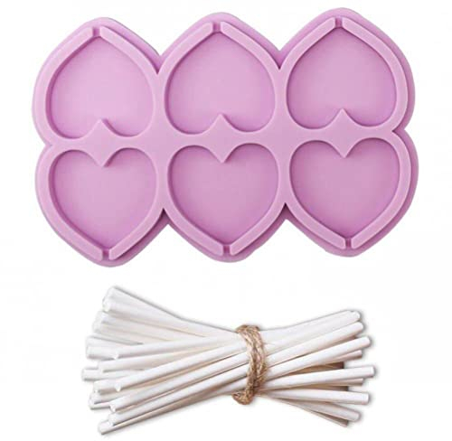 Moule À Sucettes en Silicone avec 20 Bâtons, 6 Cavités en Forme De Cœur, Plateaux Réutilisables, Moules À Ventouses pour Bonbons Chocolat